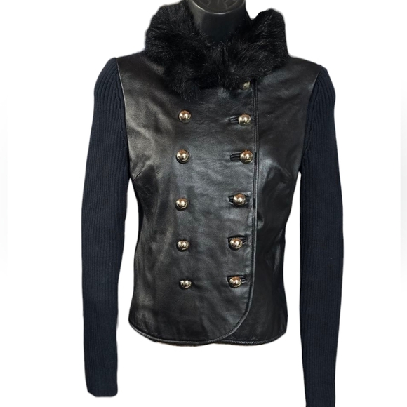 INC International Black Leather Double-Breasted Women's Military Style Jacket - Picture 2 of 5